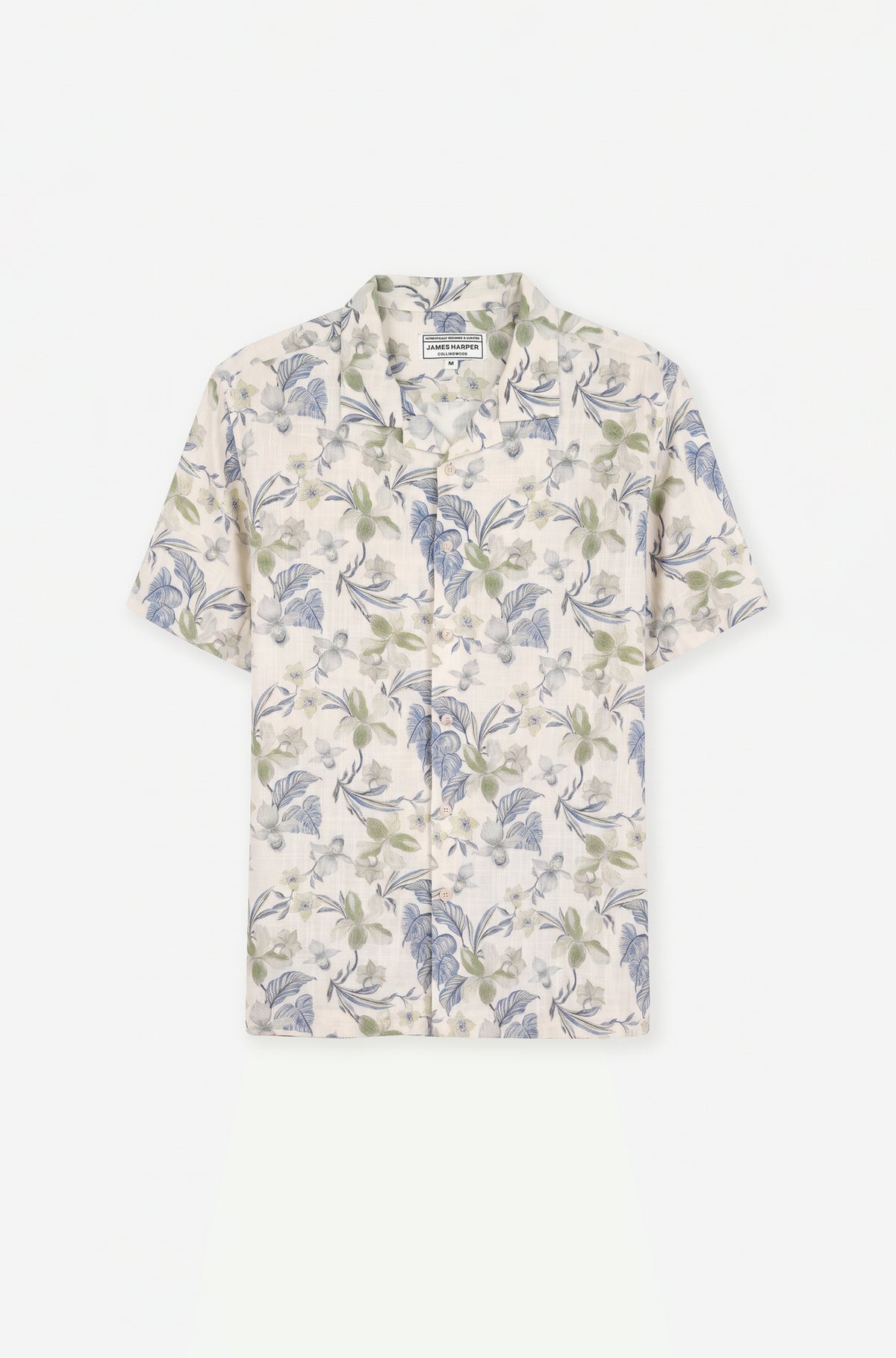 Short Sleeve Floral Print Linen Blend Shirt Green