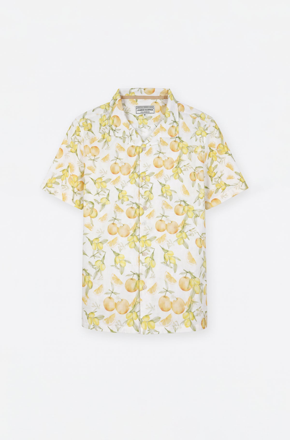 Short Sleeve Lemon Print Linen Blend Shirt Yellow