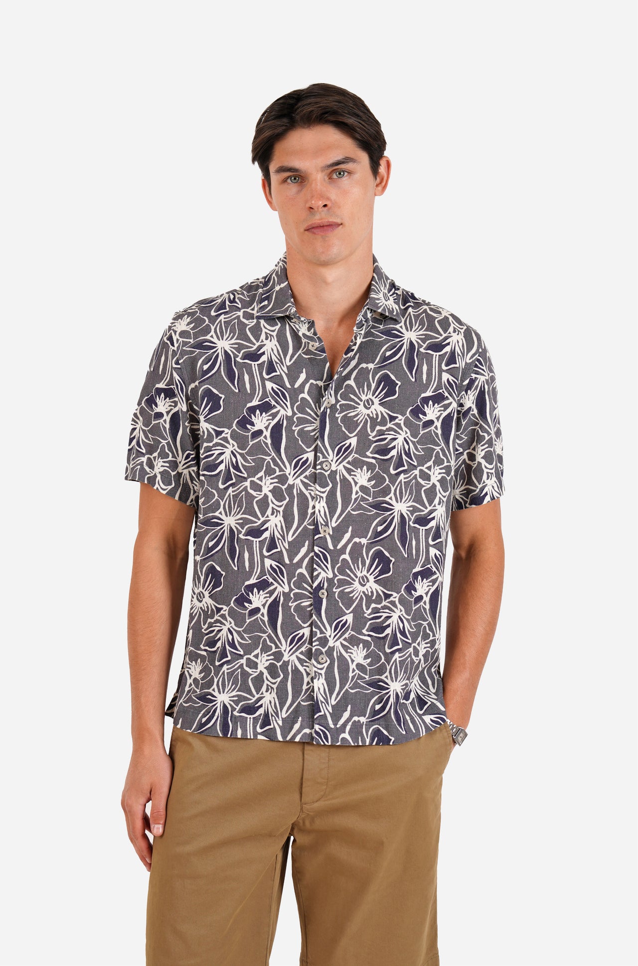 Short Sleeve Floral Print Linen Blend Shirt Indigo