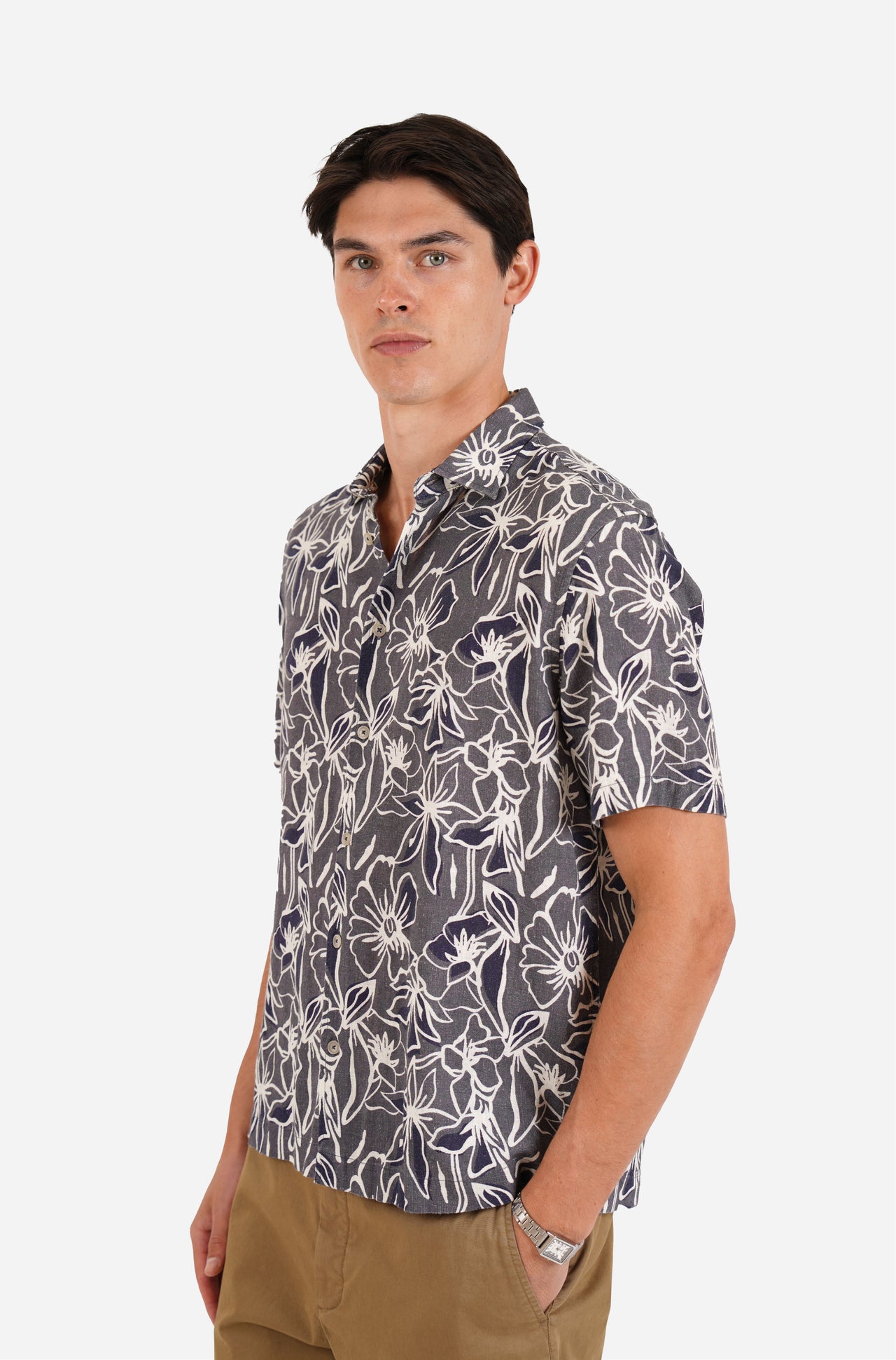Short Sleeve Floral Print Linen Blend Shirt Indigo