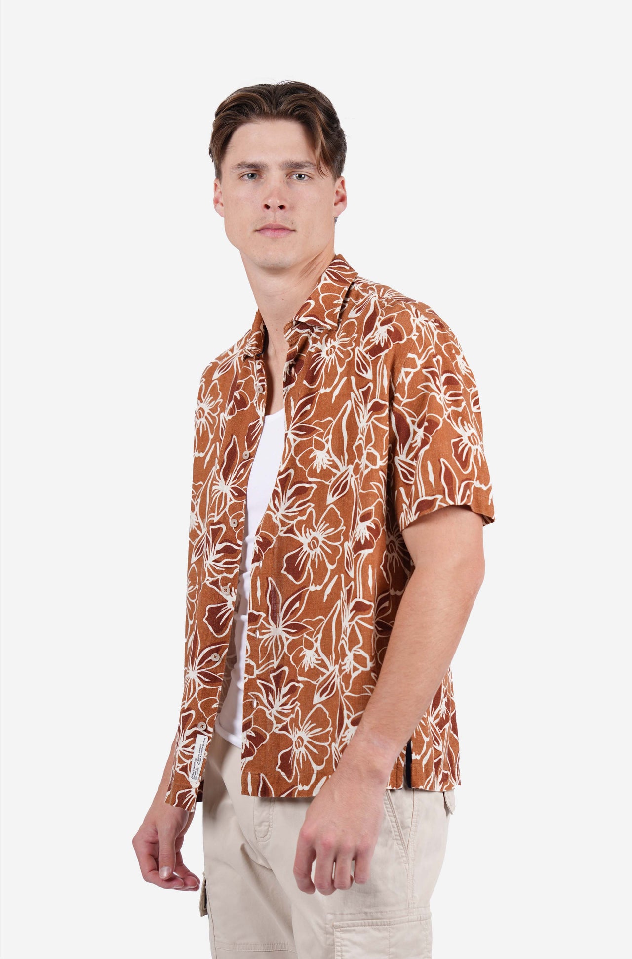 Short sleeve floral print linen blend shirt mocha
