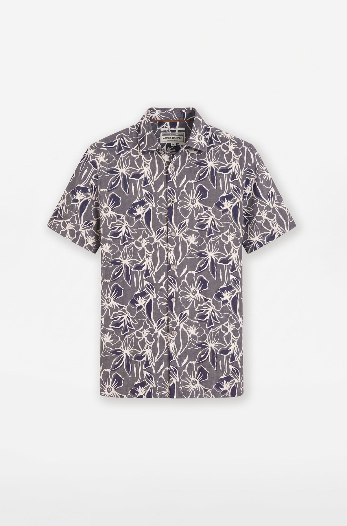 Short Sleeve Floral Print Linen Blend Shirt Indigo