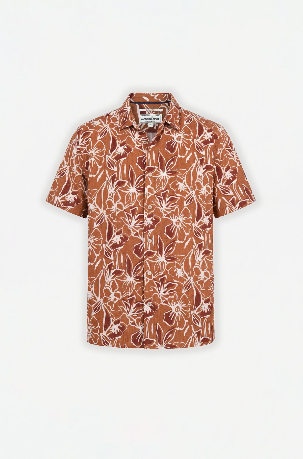 Short sleeve floral print linen blend shirt mocha