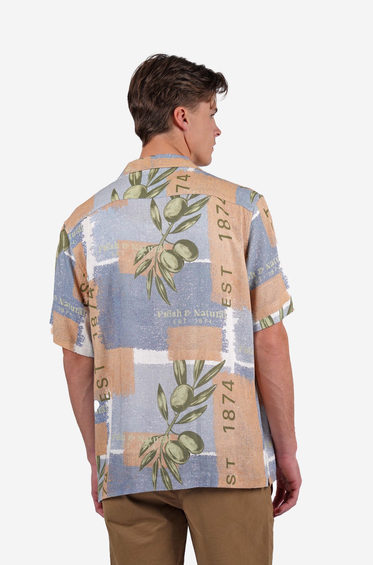 Short sleeve olive print linen blend shirt blue