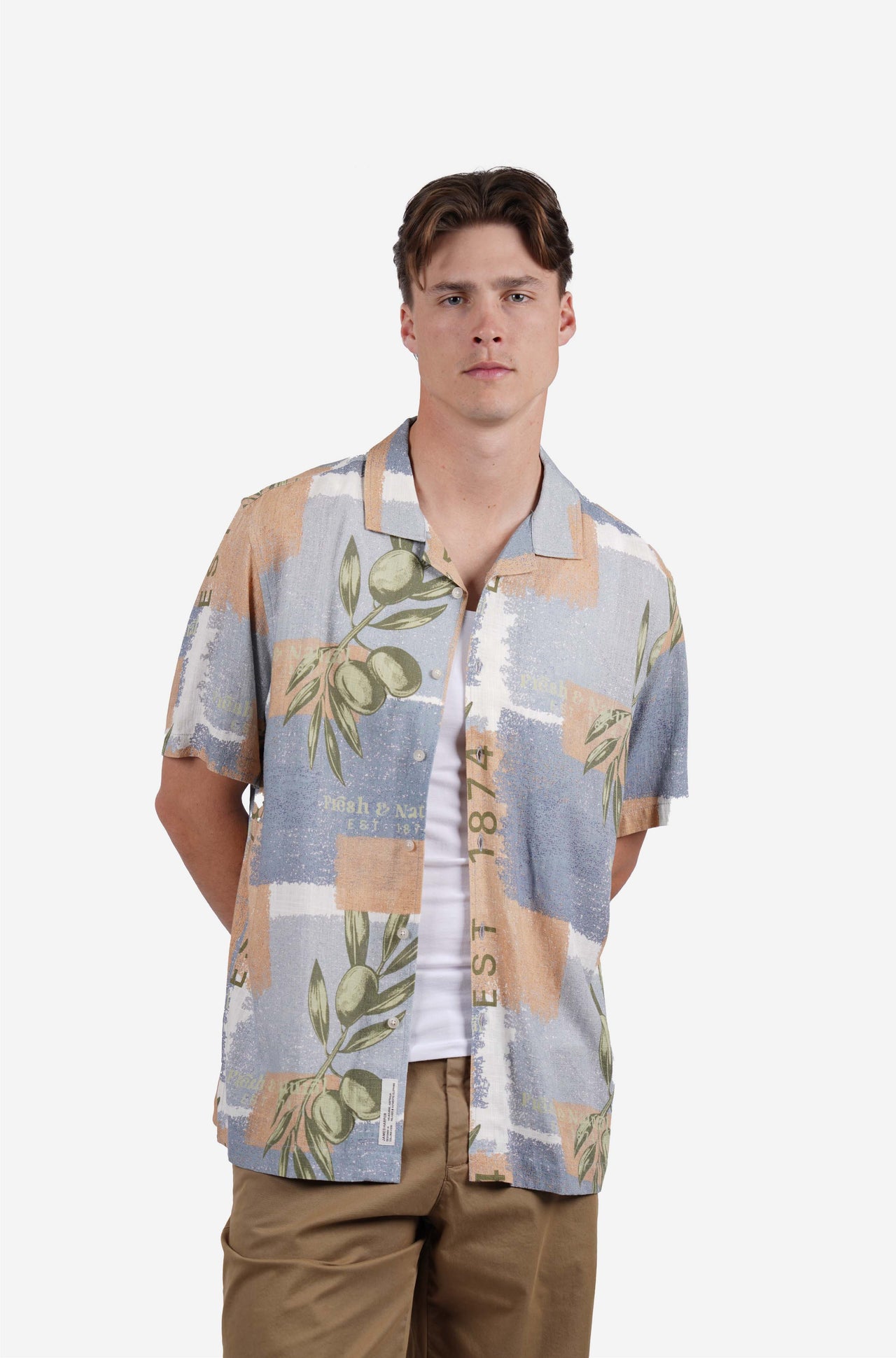 Short sleeve olive print linen blend shirt blue