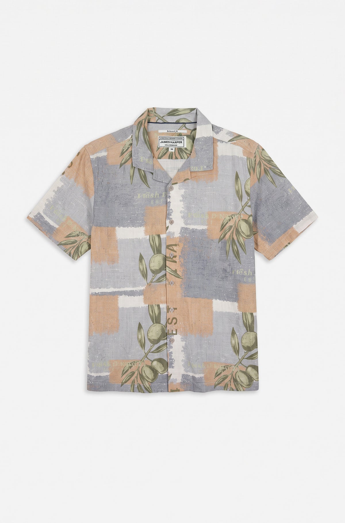 Short sleeve olive print linen blend shirt blue