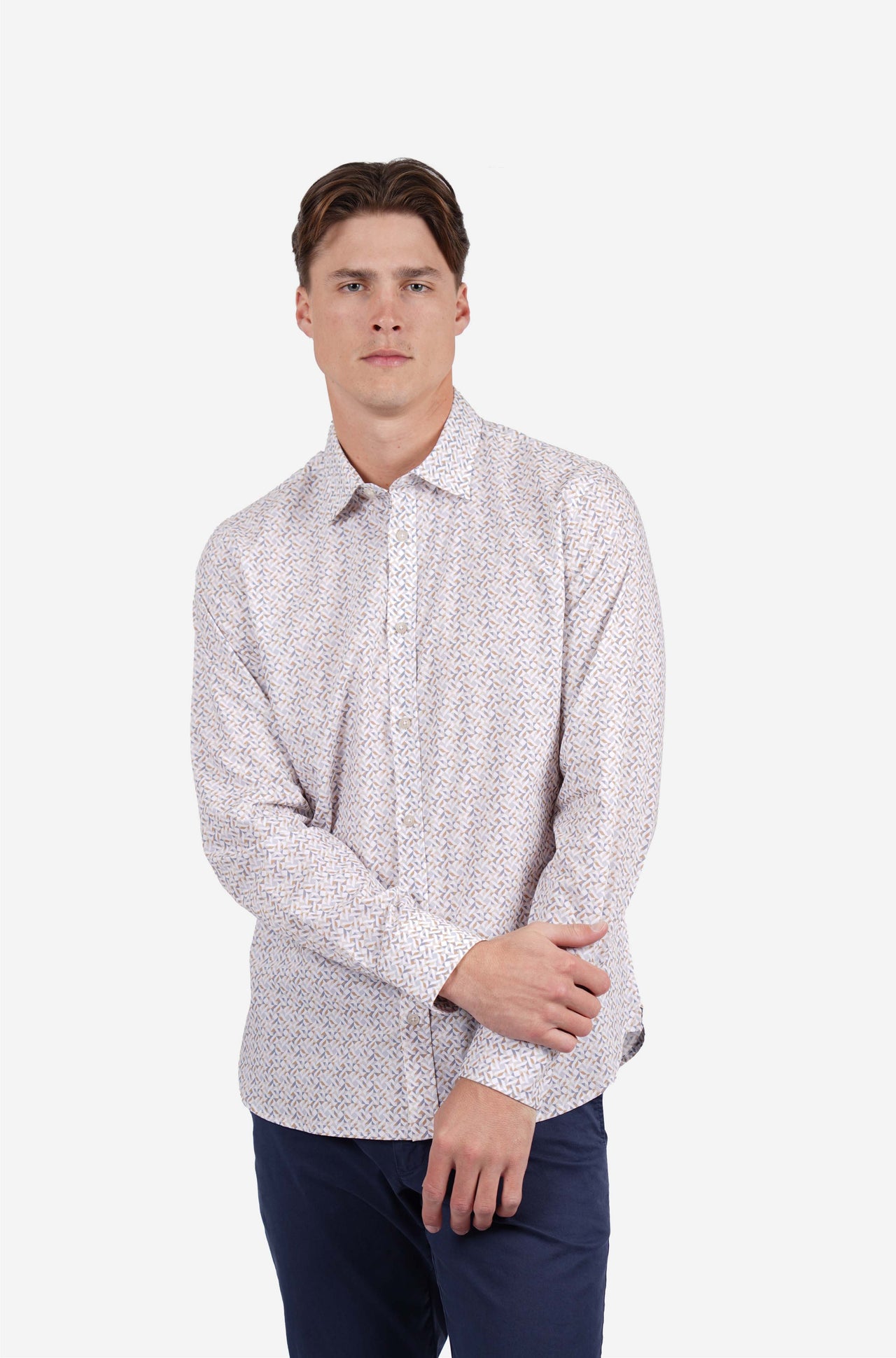 Long Sleeve Peached Cotton Poplin Geo Print Sand