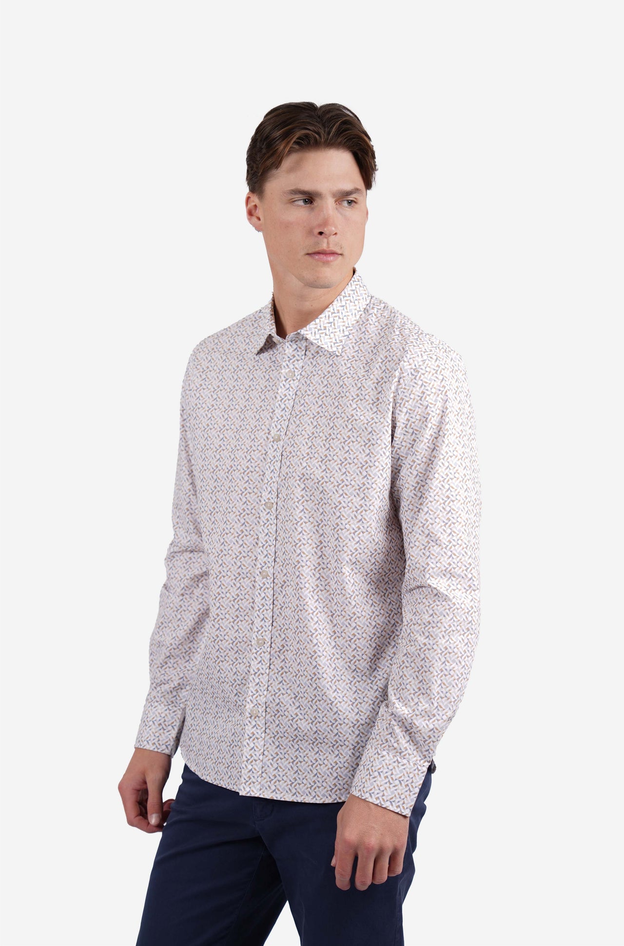 Long Sleeve Peached Cotton Poplin Geo Print Sand