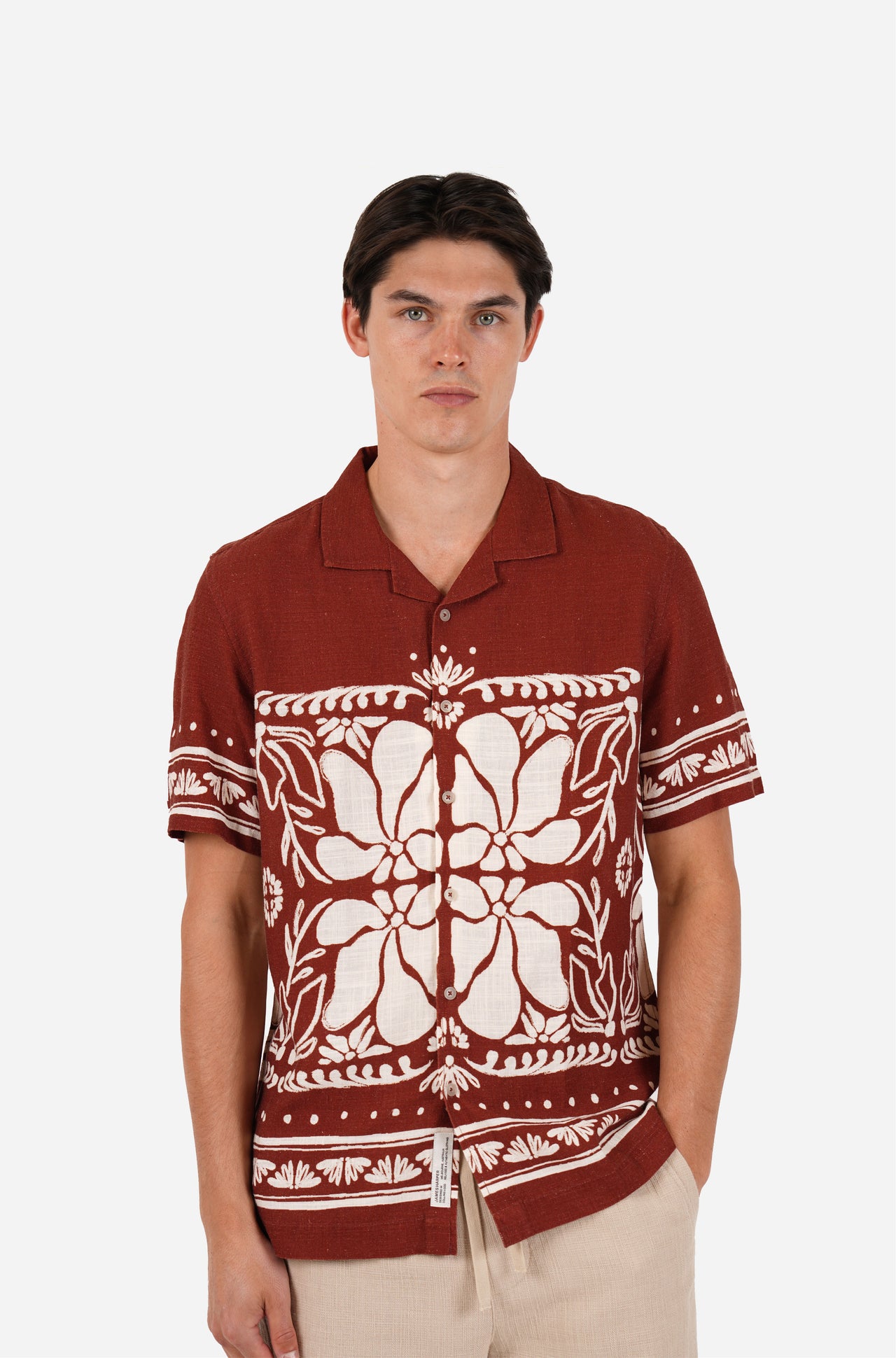 Short sleeve border print linen blend shirt port