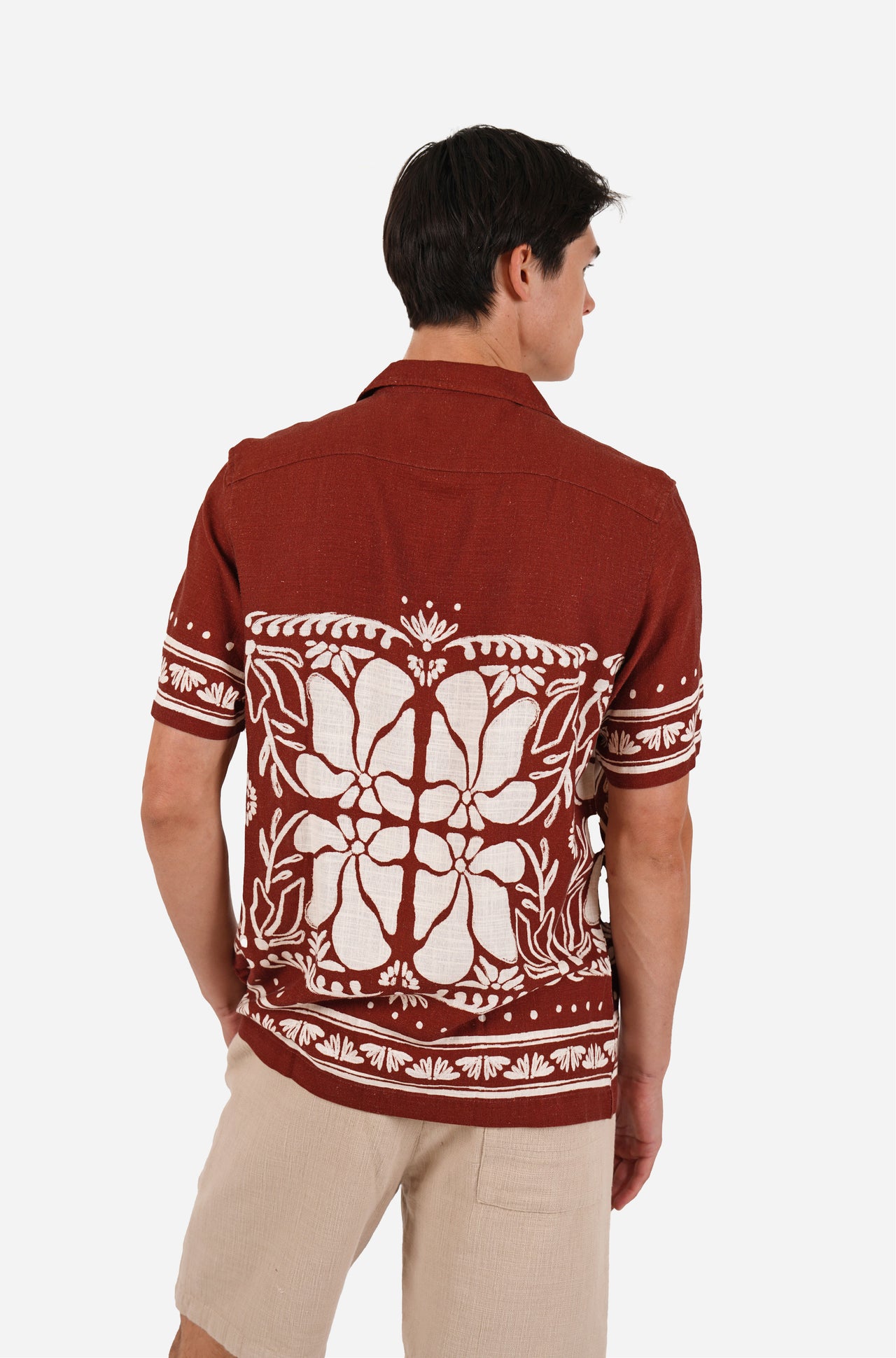 Short sleeve border print linen blend shirt port