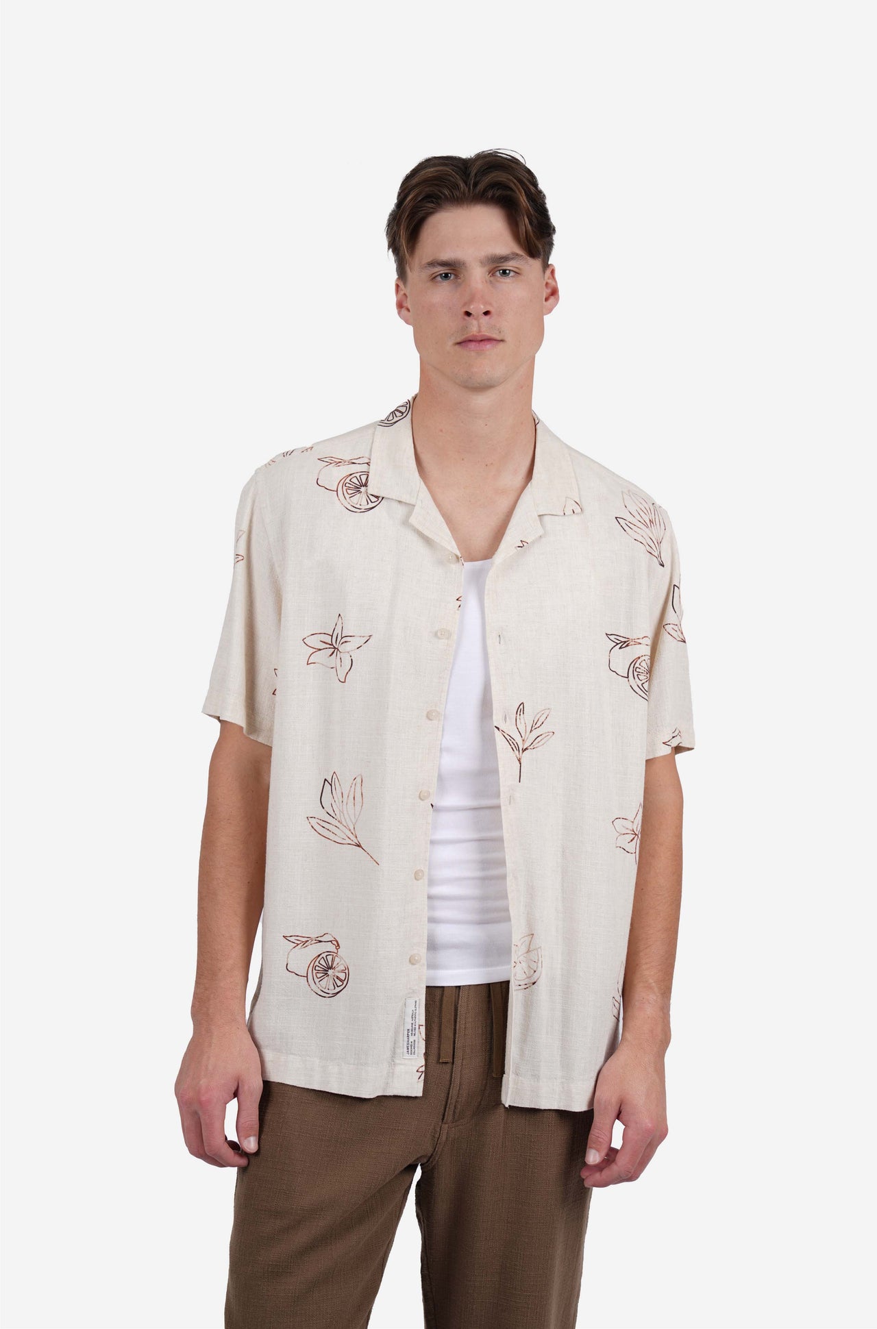 Short sleeve floral print linen blend shirt natural