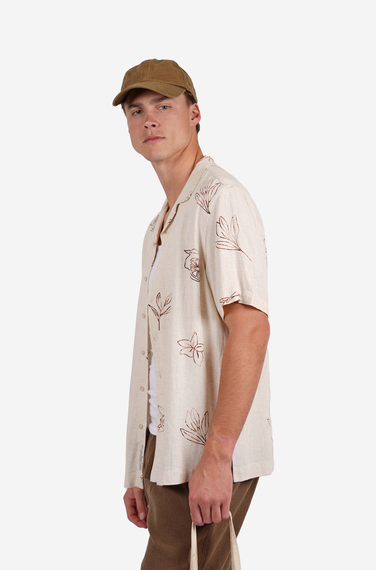 Short sleeve floral print linen blend shirt natural