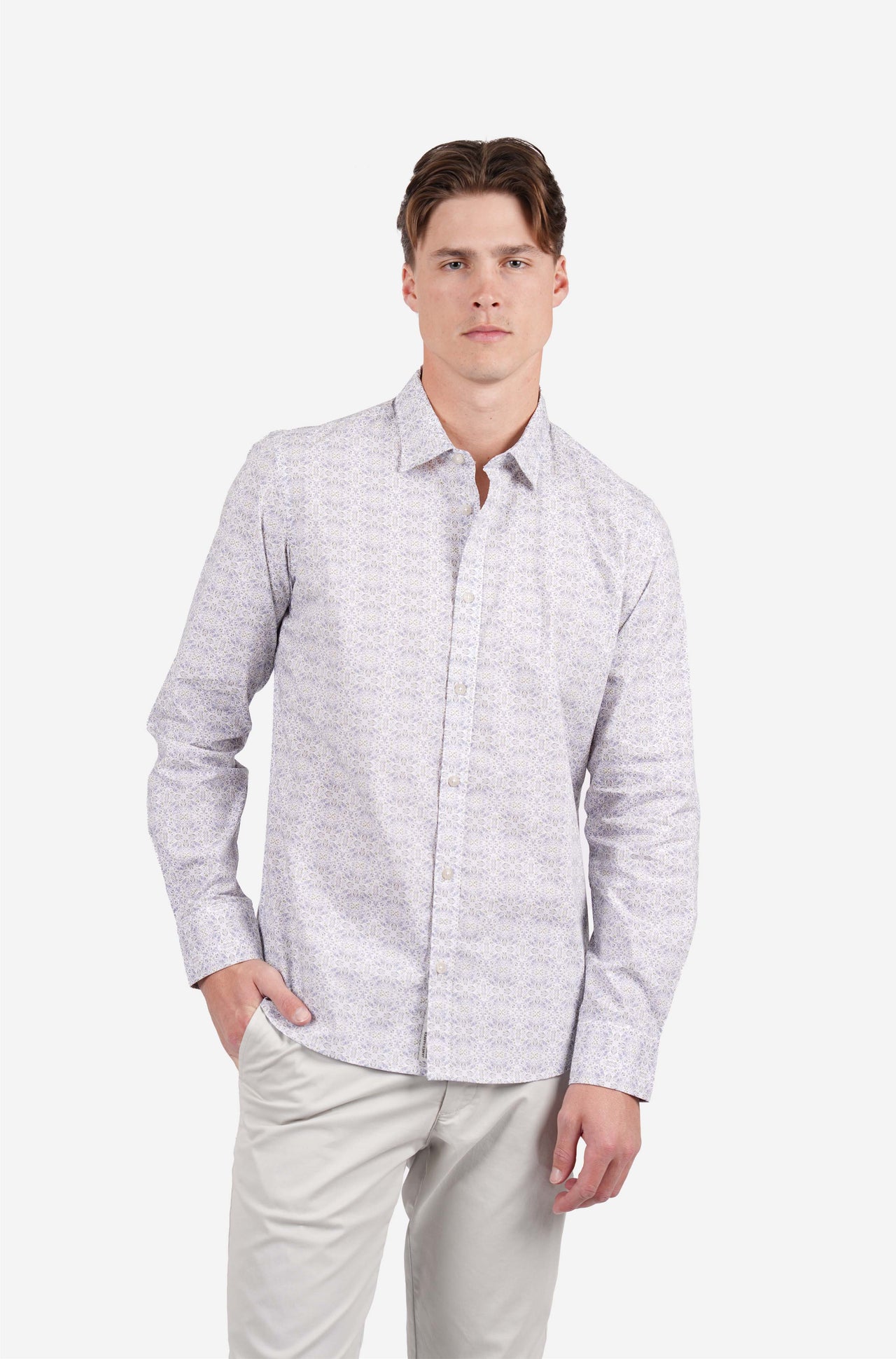 Long Sleeve Peached Cotton Poplin Print Indigo