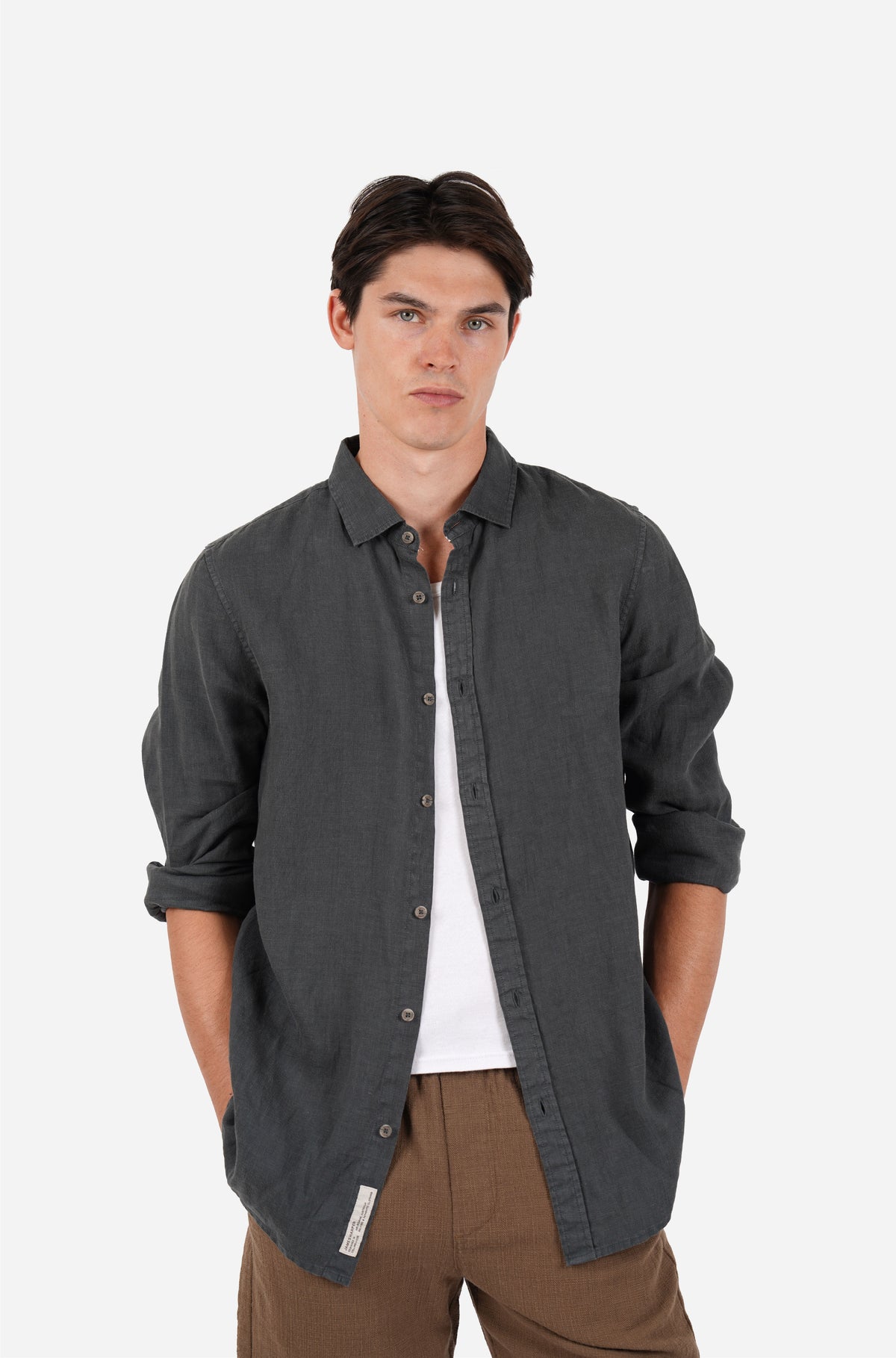 Charcoal Garment Dyed Long Sleeve Linen Shirt