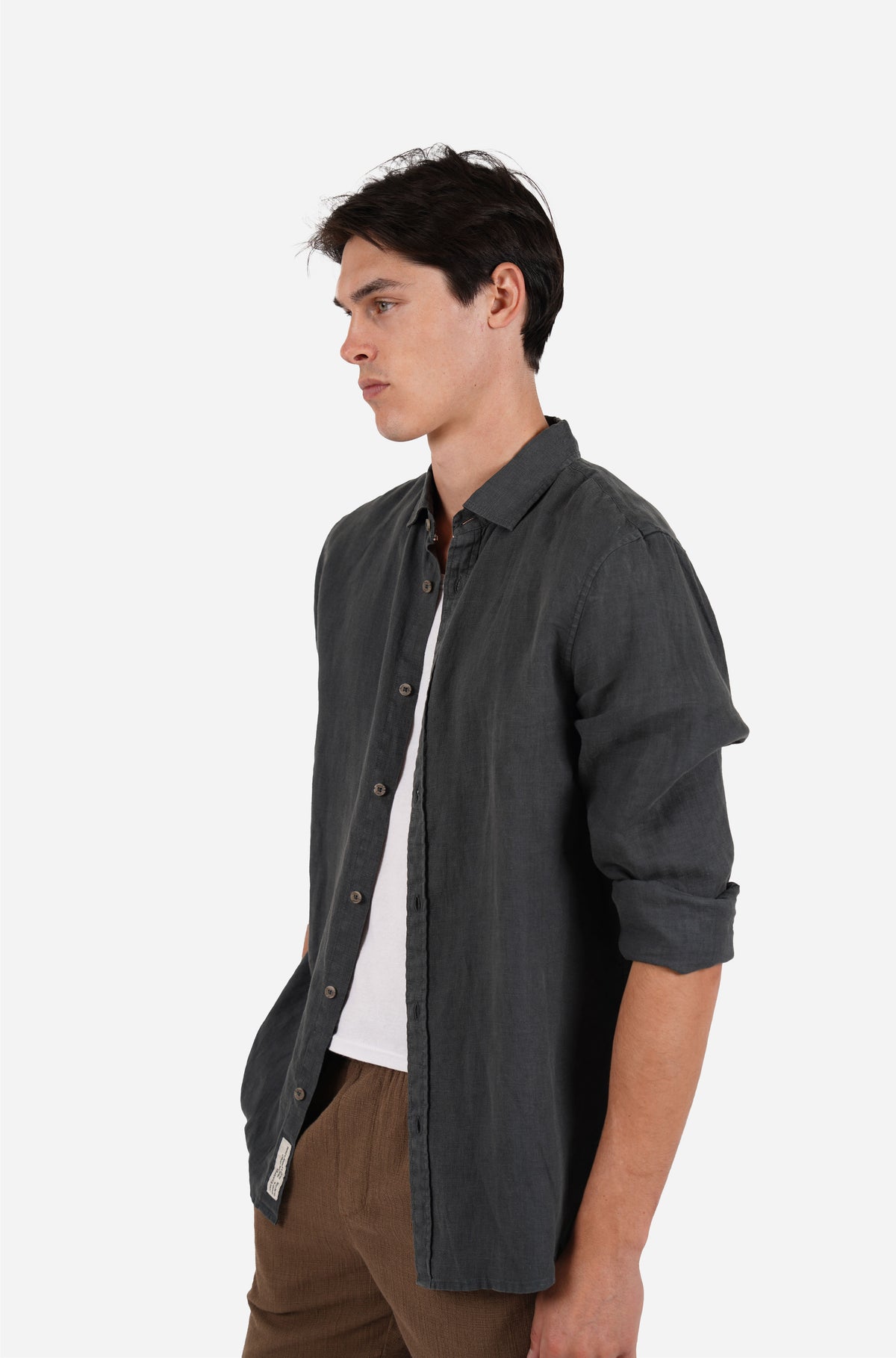 Charcoal Garment Dyed Long Sleeve Linen Shirt