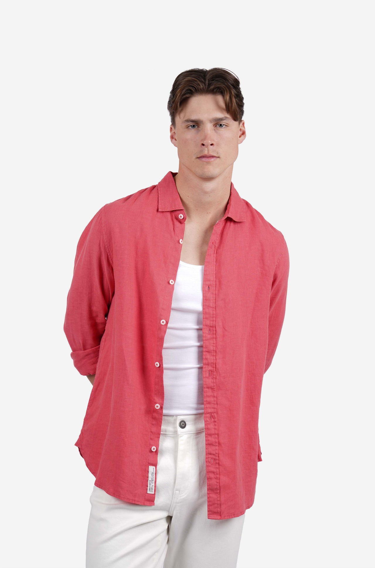 Coral Grament Dyed Long Sleeve Linen Shirt