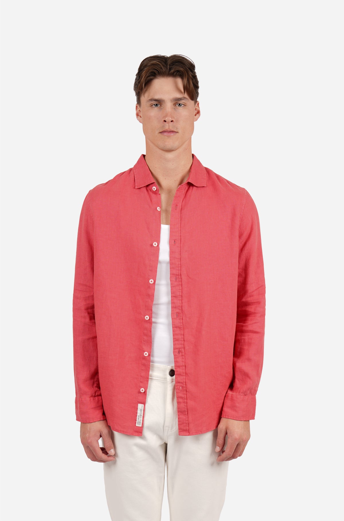 Coral Garment Dyed Long Sleeve Linen Shirt
