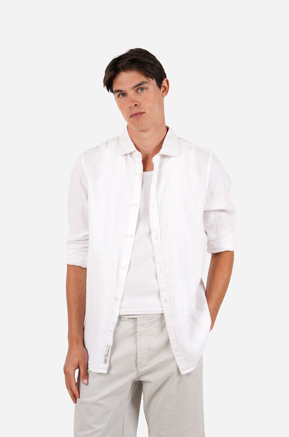 White Garment Dyed Long Sleeve Linen Shirt
