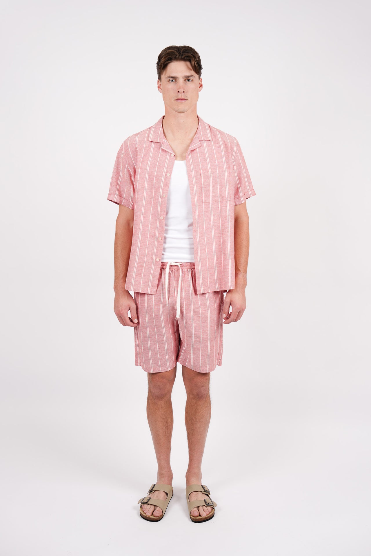 Linen Blend Elasticated Waist Relaxed Fitwide Stripe Short Coral