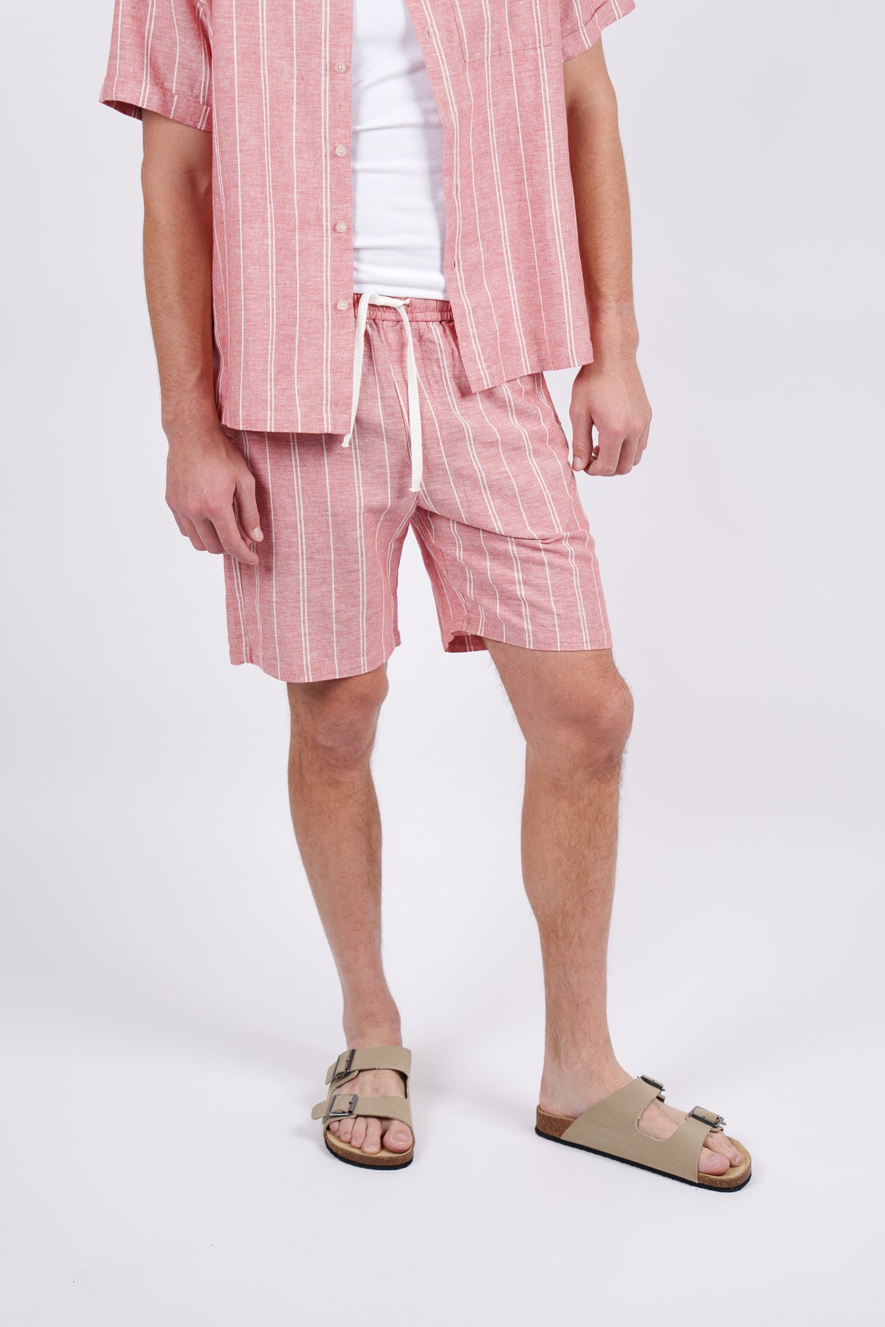 Linen Blend Elasticated Waist Relaxed Fitwide Stripe Short Coral