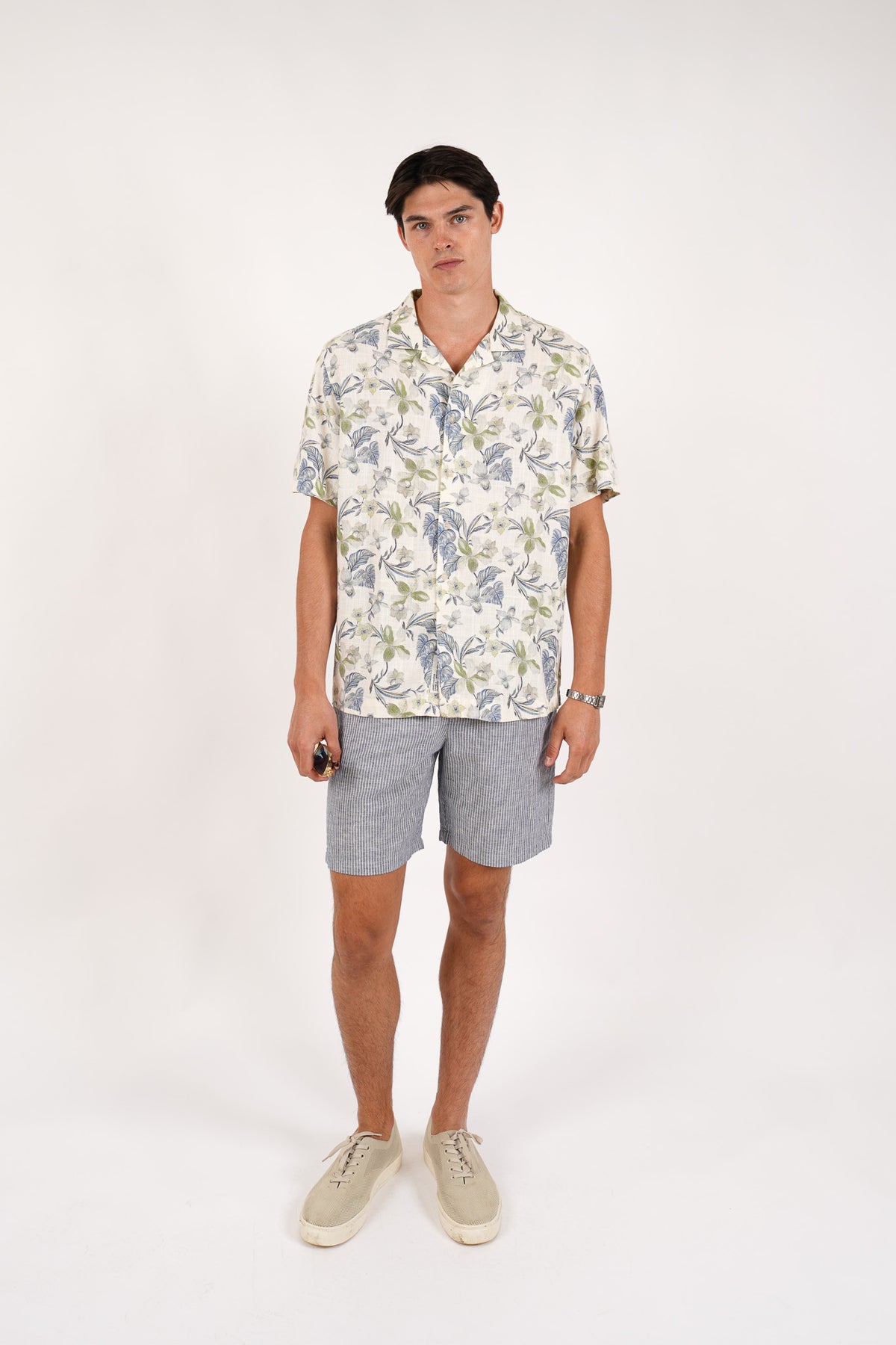 Linen Blend Elasticated Waist Relaxed Fit Fine Stripe Short Blue