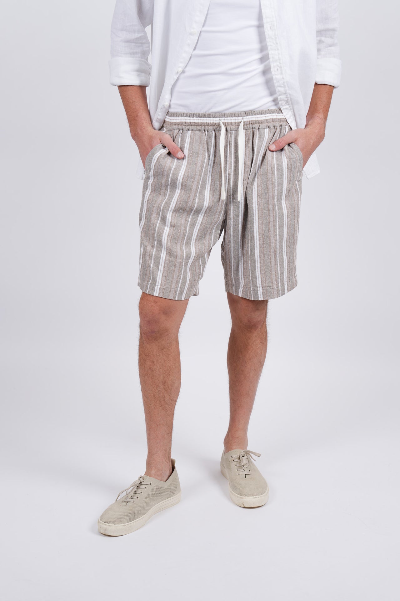 Linen Blend Elasticated Waist Relaxed Fit Stripe Short Natural