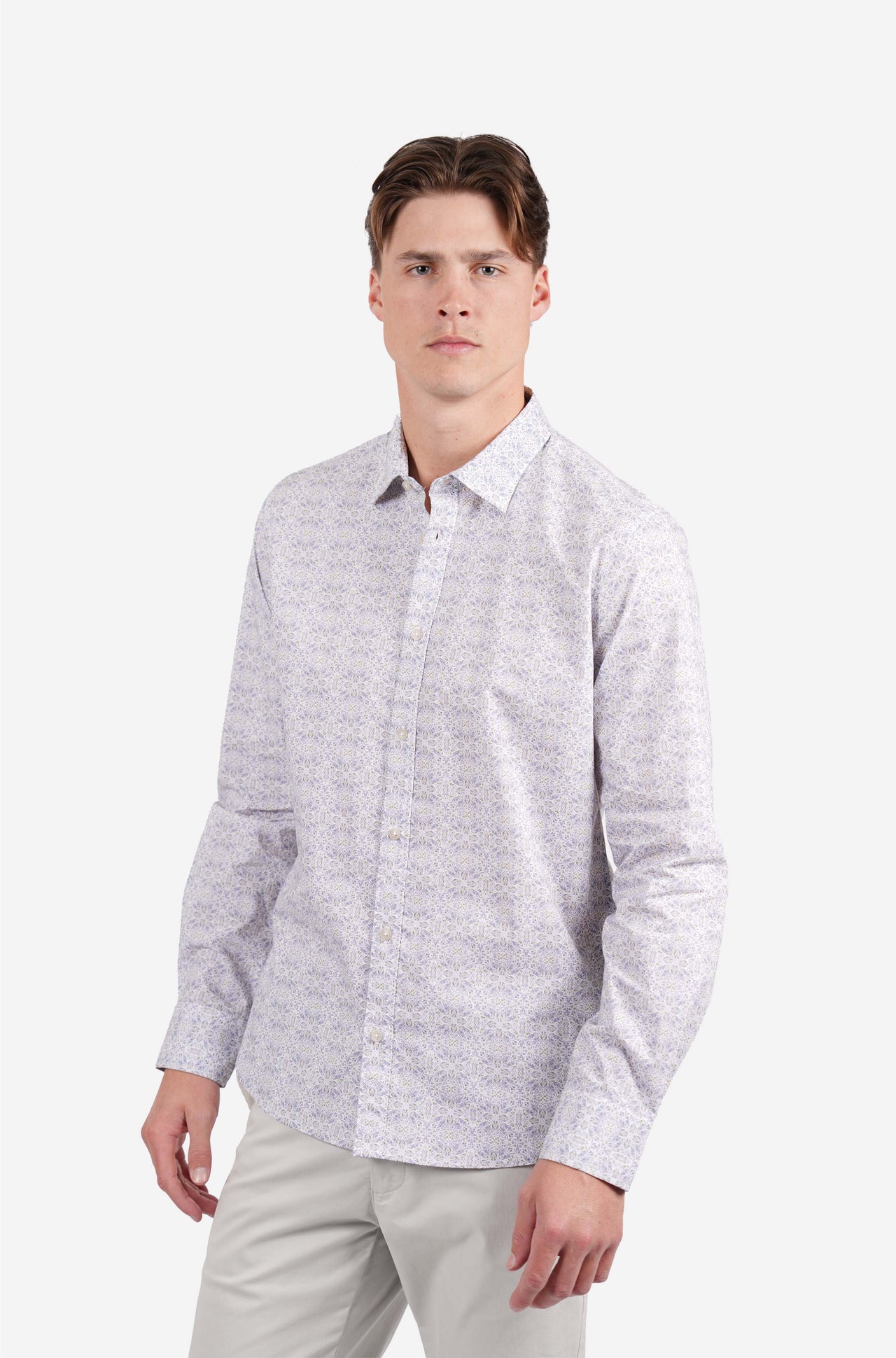 Long Sleeve Peached Cotton Poplin Print Indigo
