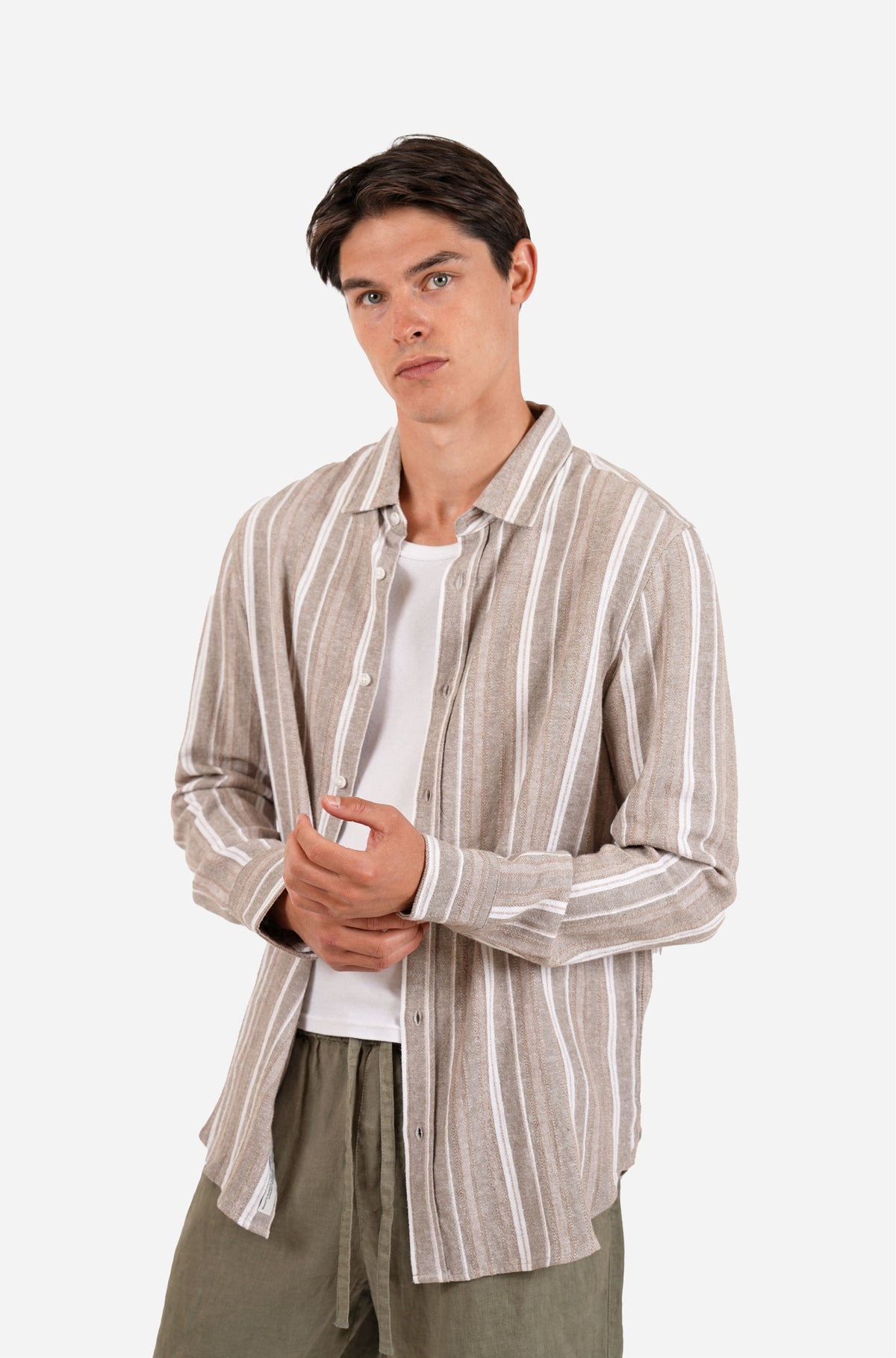 Long Sleeve Linen Blend Textured Stripe Natural