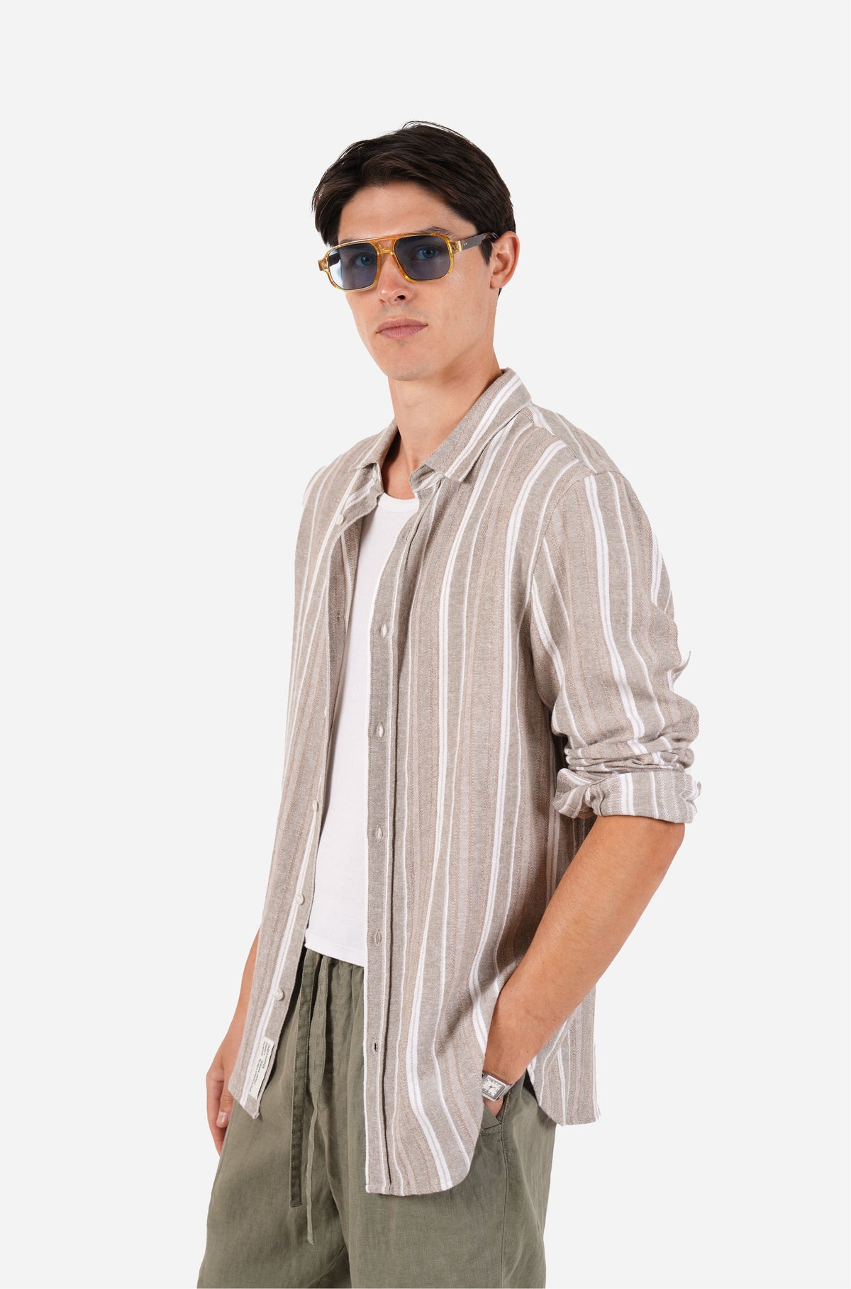 Long Sleeve Linen Blend Textured Stripe Natural