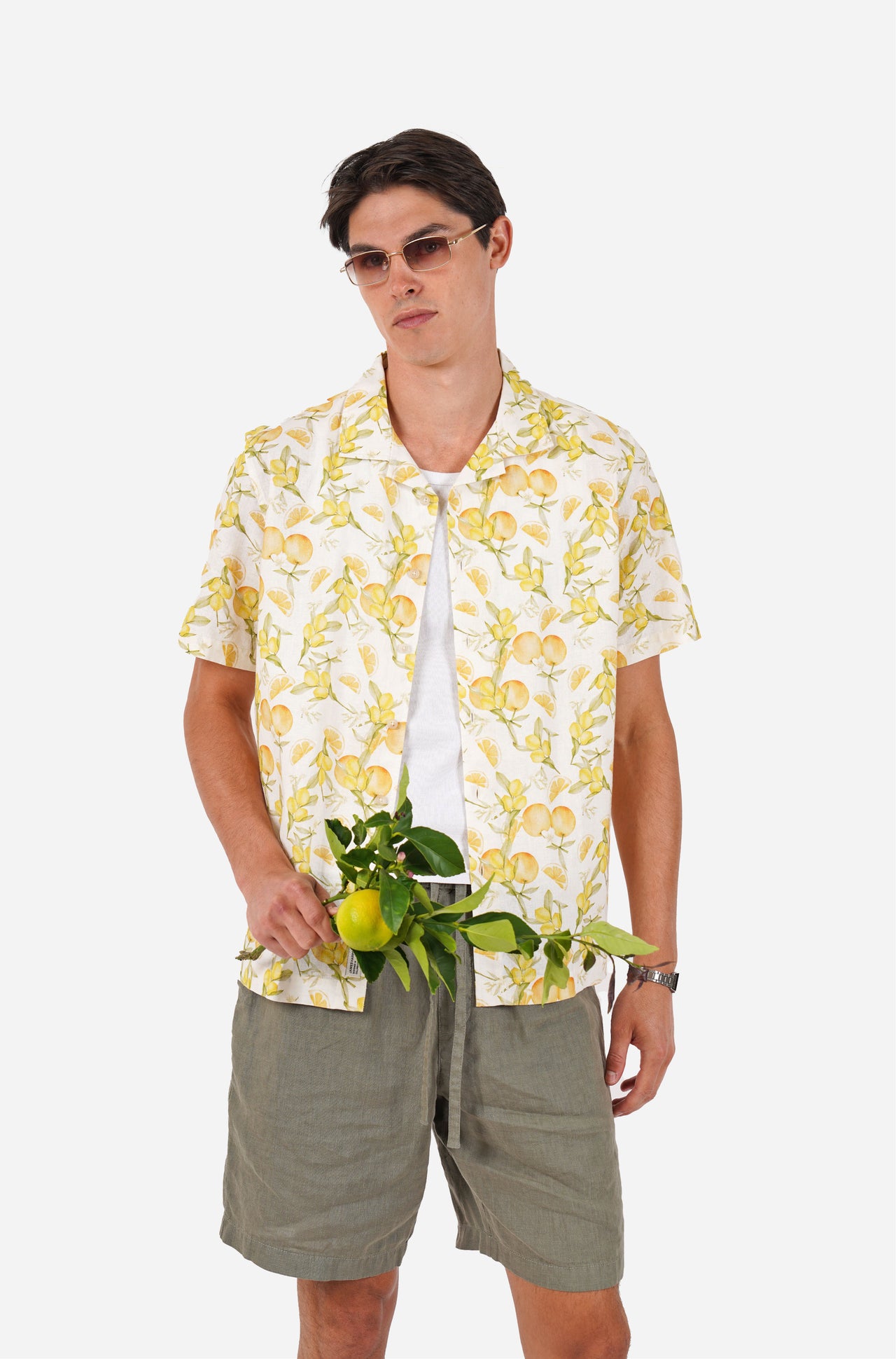 Short Sleeve Lemon Print Linen Blend Shirt Yellow