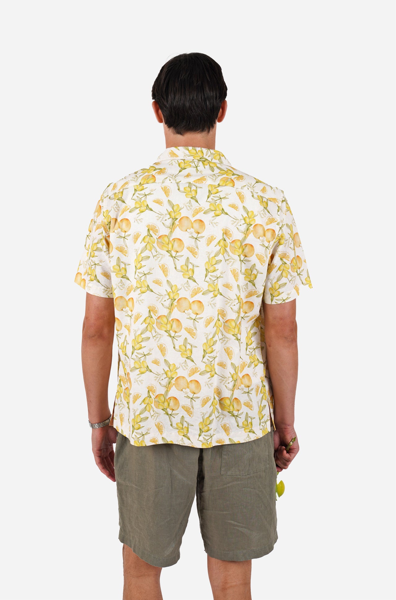 Short Sleeve Lemon Print Linen Blend Shirt Yellow