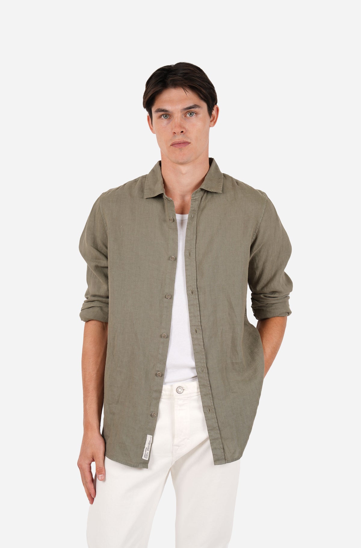 Pure Linen Long Sleeve Garment Dyed Shirt Olive