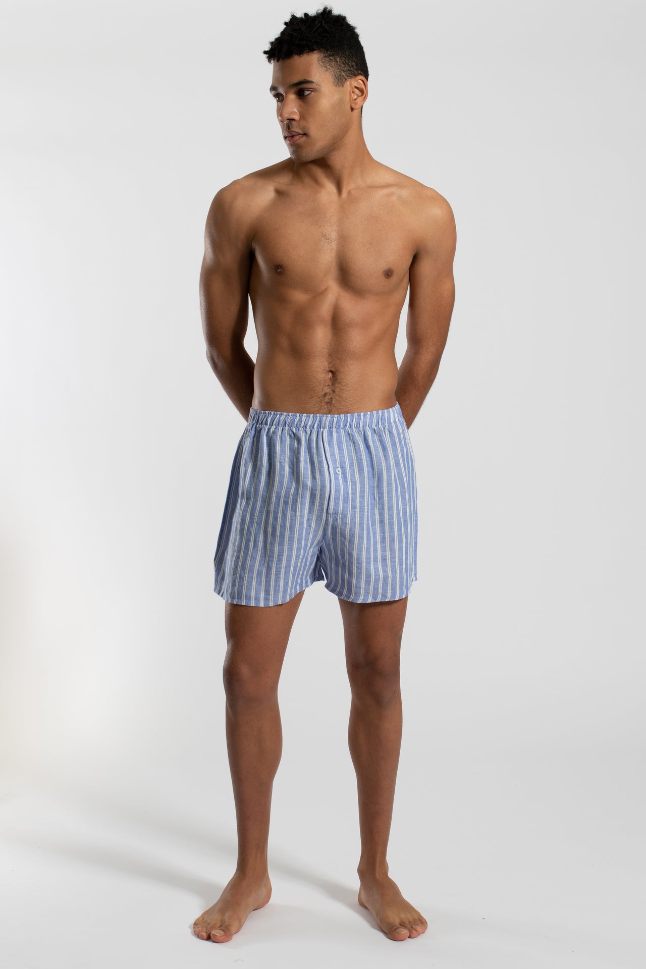 Blue Double Stripe Linen Sleep Shorts