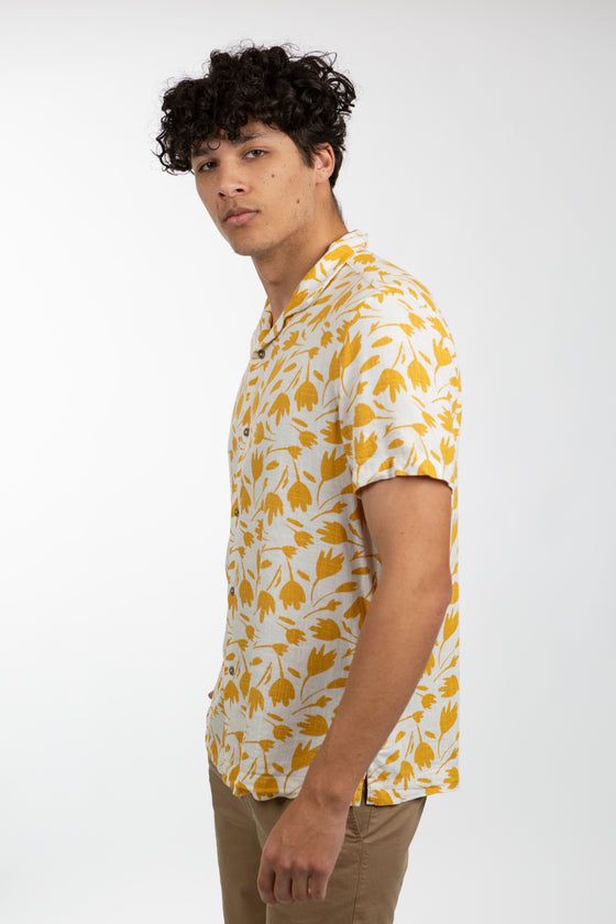 Gold Short Sleeve Floral Linen Viscose Cuban Collar Shirt