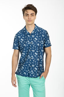  Navy Short Sleeve Holiday Linen Cuban Collar Shirt