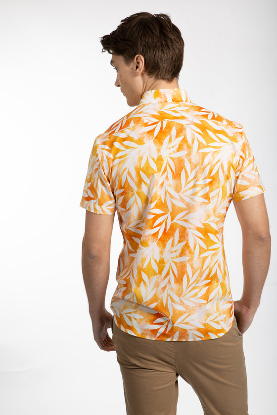 Orange Short Sleeve Leaf Poplin Shirt