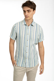  Aqua Short Sleeve Stripe Linen Shirt