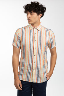  Spicy Orange Short Sleeve Stripe Linen Shirt