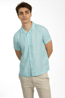  Blue Tint Short Sleeve Linen Cuban Collar Shirt