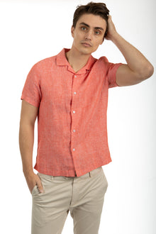  Spicy Orange Short Sleeve Linen Cuban Collar Shirt