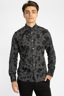  Charcoal Abstract Floral Cotton Flannel Shirt