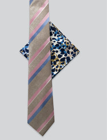 Stripe Tie & Leopard Print Pocket Square Set