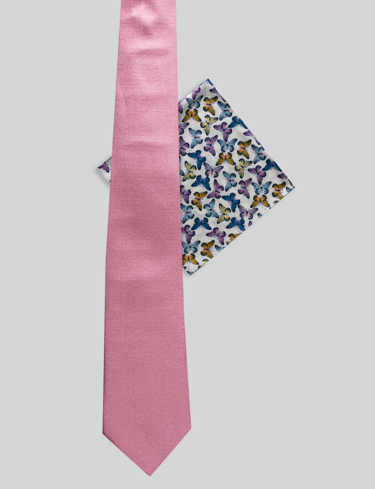 Textured Pink Tie & Butterfly Pocket Square Set